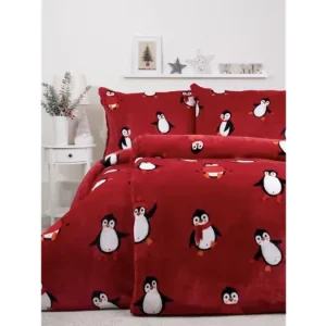 Levný Francouzské povlečení mikroplyš Exclusive - Tučňáci červené