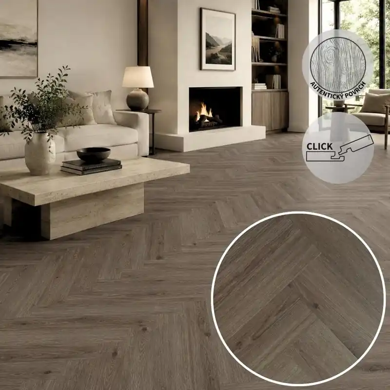 Časově Omezené Vinylová podlaha ESSENCE RIGID HERRINGBONE Delicate Oak Walnut