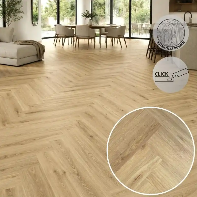 Sleva Vinylová podlaha ESSENCE RIGID HERRINGBONE Delicate Oak Warm Natural