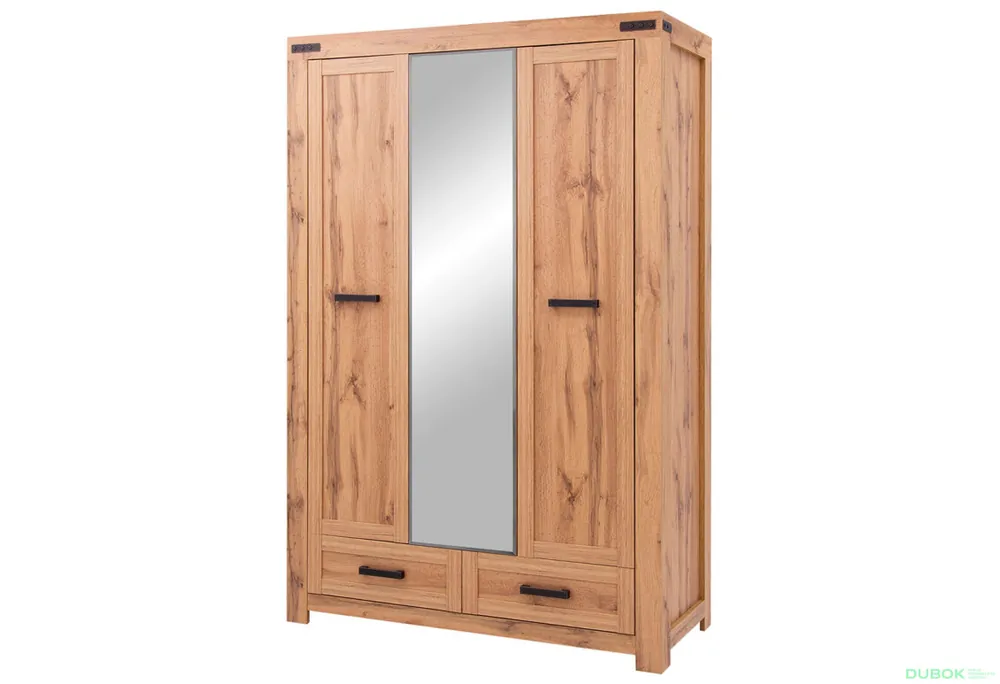 Skříň třídveřová se zrcadlem a zásuvkami Mortiz 137x210x59.8 cm Dub wotan Vysoce Kvalitní