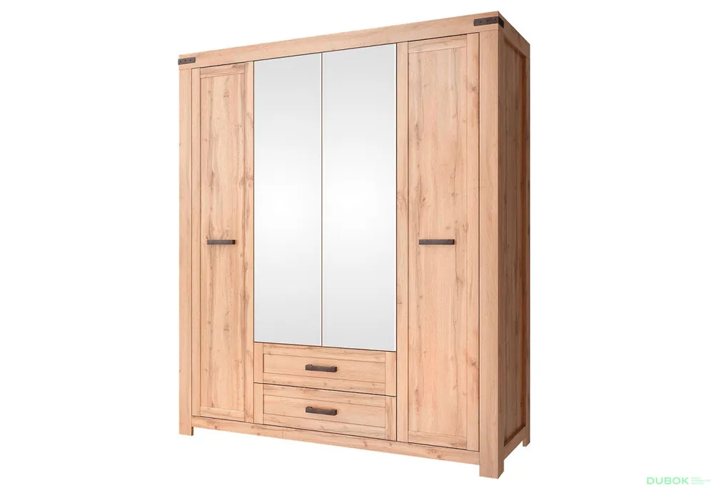 Sleva Skříň čtyřdveřová se zrcadlem a zásuvkami Mortiz 177x210x59.8 cm Dub wotan