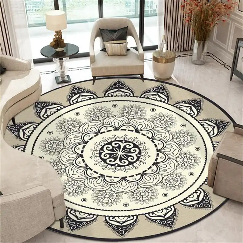 Originální Velký kulatý béžový koberec s ornamenty